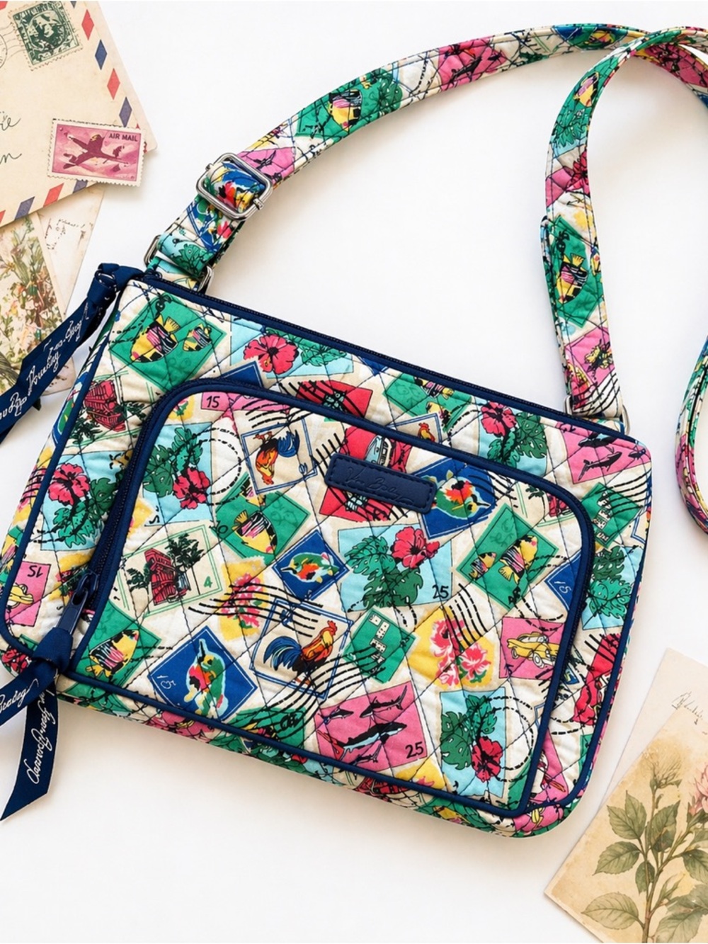 Vera Bradley Postage Stamp Print Quilted Crossbody Travel Bag